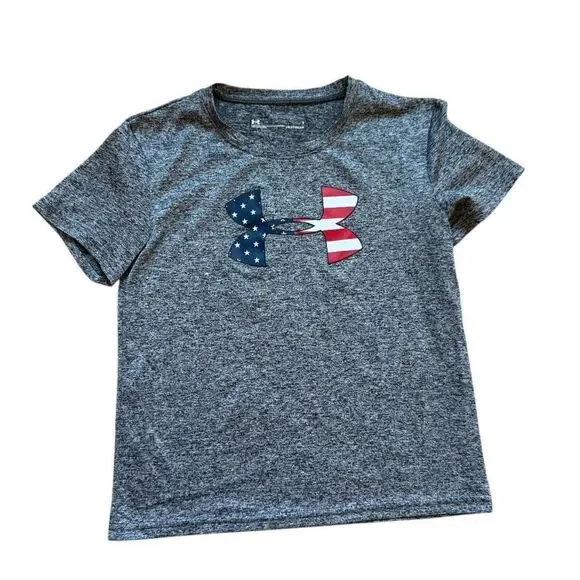 Youth Boys Under Armour Dry Fit Patriotic Heatgear Logo Graphic Tee Shirt - Sz 7 - Picture 1 of 1